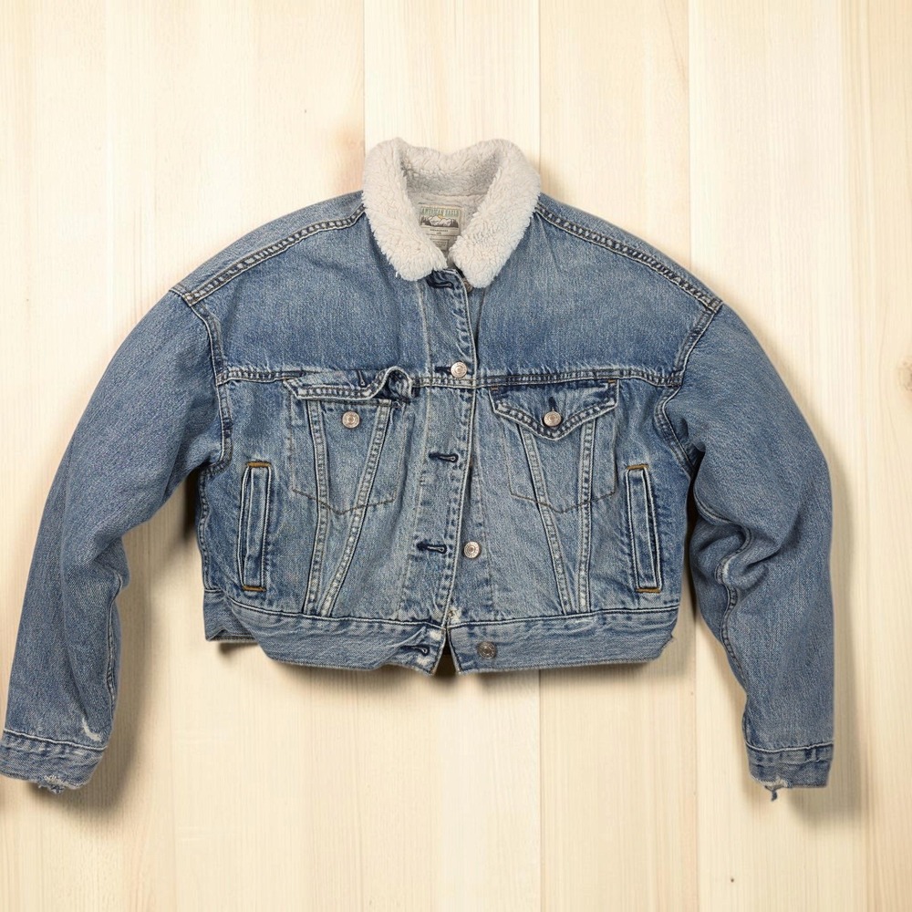 American Eagle Womens XS Sherpa Lined Denim Trucker Jacket Medium Wash Blue 2730